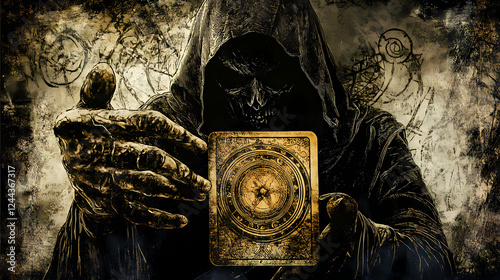 Enigmatic cartomancy scene symbolizing guidance and insight. Esoteric & Occult Imagery. Illustration
