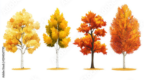 Cartoon autumn tree, fall season forest. Isolated vector plants with yellow, orange and red foliage. Birch, oak, maple or elm with bright colorful leaves in park, garden or wood, seasonal defoliation