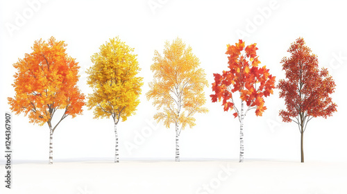 Cartoon autumn tree, fall season forest. Isolated vector plants with yellow, orange and red foliage. Birch, oak, maple or elm with bright colorful leaves in park, garden or wood, seasonal defoliation