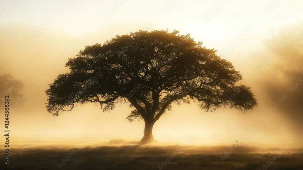 Solitary Oak in Golden Mist: A Serene Sunrise Landscape Solitary Oak in Golden Mist: A Serene Sunrise Landscape