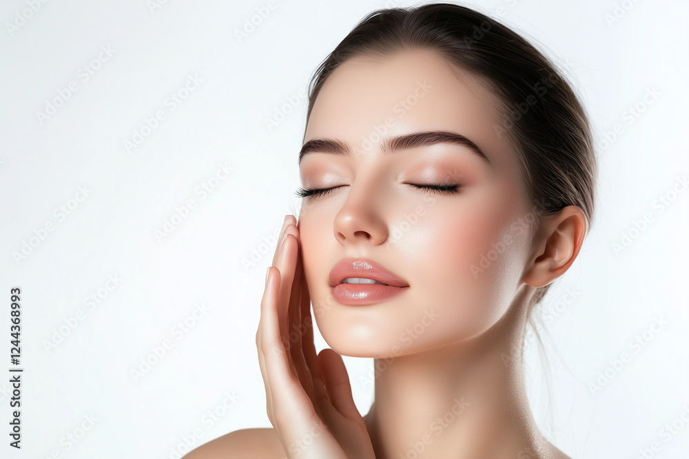 Attractive woman with flawless skin gently touching her face Attractive woman with flawless skin gently touching her face