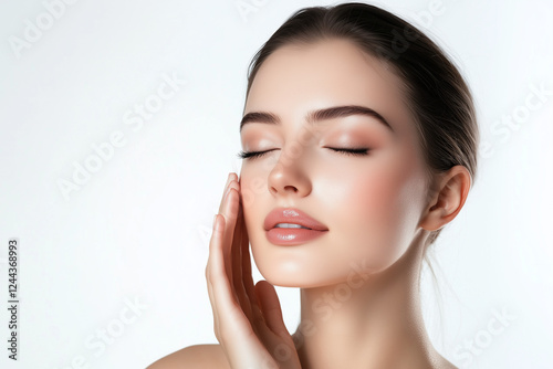 Attractive woman with flawless skin gently touching her face