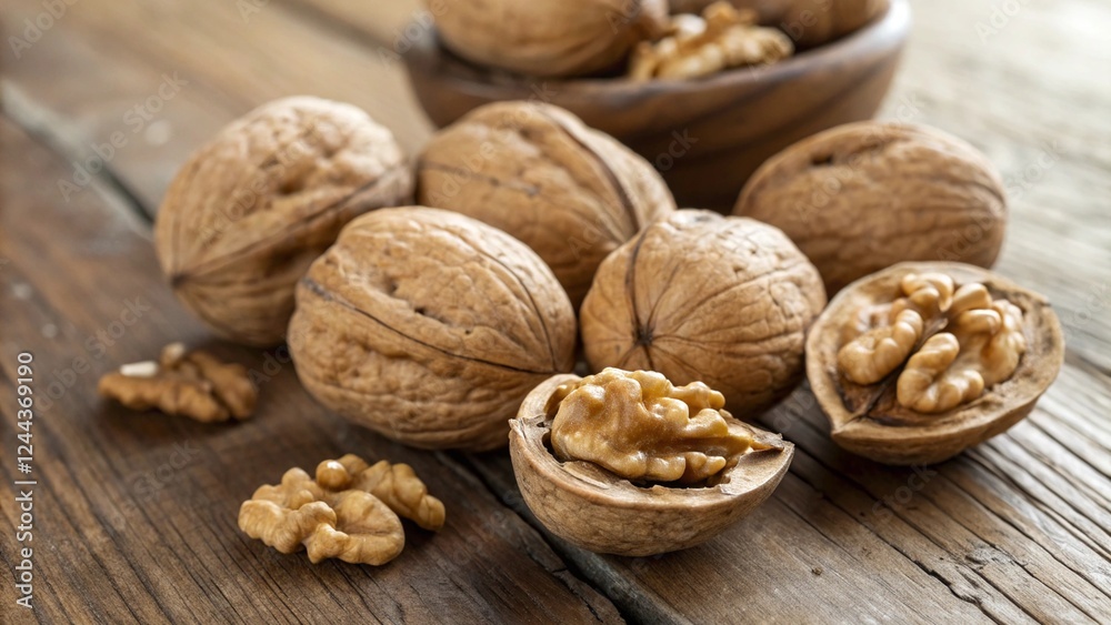 Walnuts and Walnut Nuts in Bowl, Protein Snack Healthy for Brain and Cardiovascular Heart System, Vegetarian Vegan Snack Walnuts and Walnut Nuts in Bowl, Protein Snack Healthy for Brain and Cardiovascular Heart System, Vegetarian Vegan Snack