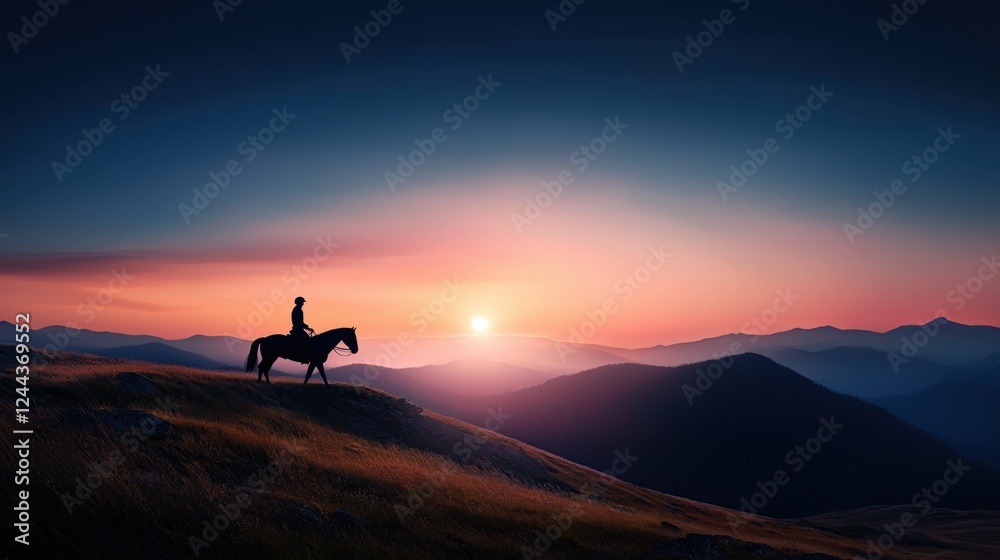 A person is riding a horse on a hillside at sunset A person is riding a horse on a hillside at sunset