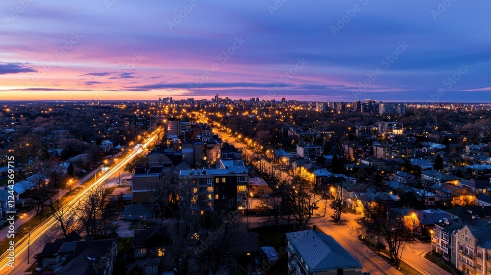 Fototapeta premium The city at night is lit up with lights from the street lamps and buildings