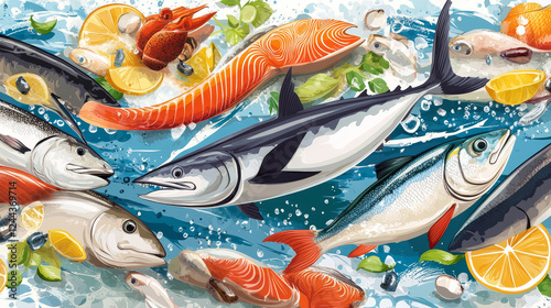 Seafood and fish food posters and banners templates set for fish and sea food market. Vector design of fresh trout, salmon or mackerel and marlin, flounder or tuna and herring sprats with sheatfish
