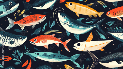 Seafood and fish food posters and banners templates set for fish and sea food market. Vector design of fresh trout, salmon or mackerel and marlin, flounder or tuna and herring sprats with sheatfish