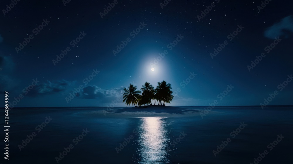 A small island with palm trees and a moon in the sky