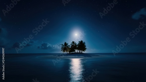 Obraz na płótnie A small island with palm trees and a moon in the sky w salonie