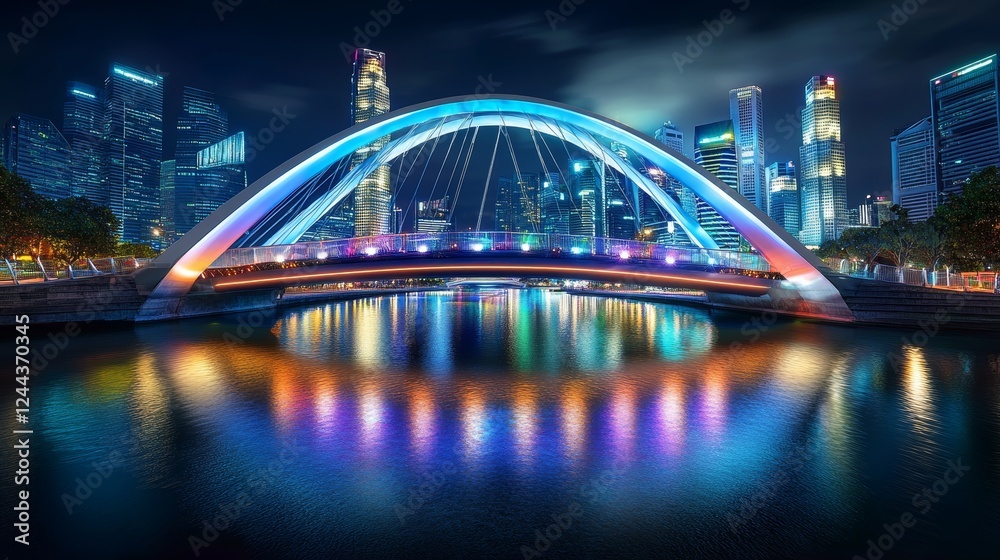 Obraz premium A bridge made to stand out crosses a river lit in neon, reflecting the buildings of a cyberpunk world