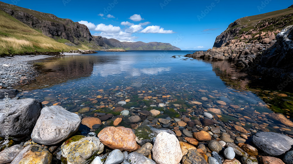 Calm coastal bay, clear water, rocky shore, mountain backdrop, scenic travel photo Calm coastal bay, clear water, rocky shore, mountain backdrop, scenic travel photo