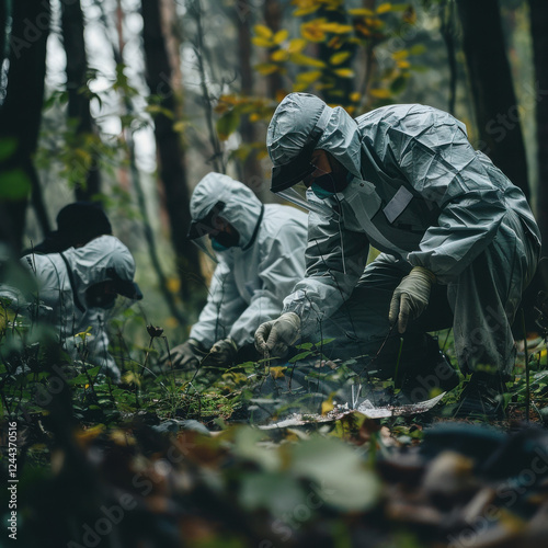 Detectives are collecting evidence in a crime scene. Forensic specialists are making expertise. Police investigation in a forest.