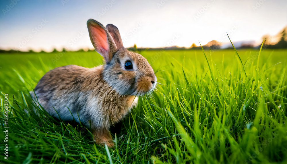 Fototapeta premium Cute little bunny in grass. Easter card, wallpaper