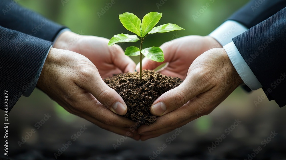 Protecting Nature: Businessmen's Hands Gently Holding a Young Plant Protecting Nature: Businessmen's Hands Gently Holding a Young Plant