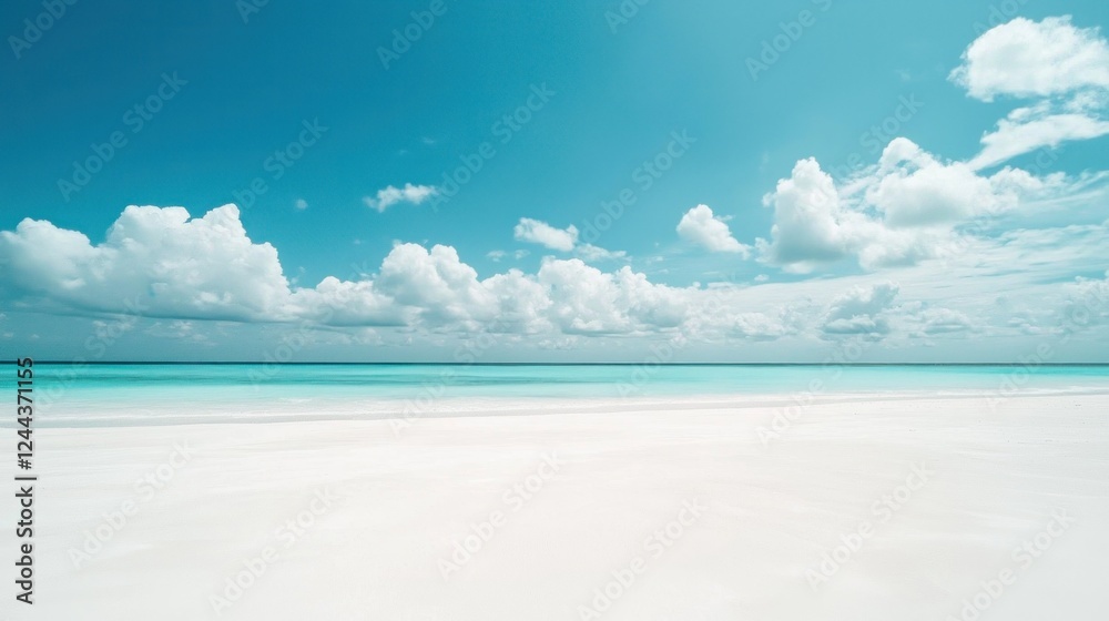 Serene Tropical Beachscape: Azure Waters, White Sands, and Puffy Clouds Serene Tropical Beachscape: Azure Waters, White Sands, and Puffy Clouds