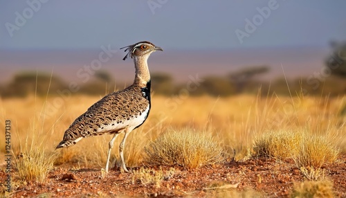 Majestic Whitebellied Bustard or Whitebellied Korhaan Grazing in the Serenity of Awash National Park at Sunset, showcasing Earthy Tones and Textures against the Backdrop of African Savannah photo