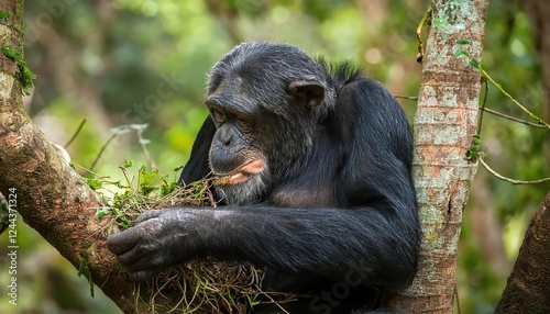 Stirring Encounter with Ngogo Chimpanzee Troup in Kibale National Park, Ugandas Vibrant Primate Haven, Showcasing the Essence of Africas Wildlife at Dusk. photo