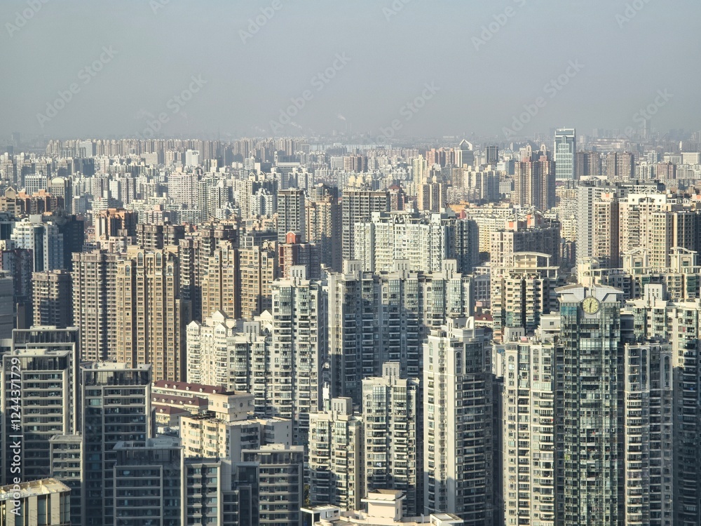 Aerial view of Lujiazui CBD and the Bund in Shanghai city in China Aerial view of Lujiazui CBD and the Bund in Shanghai city in China