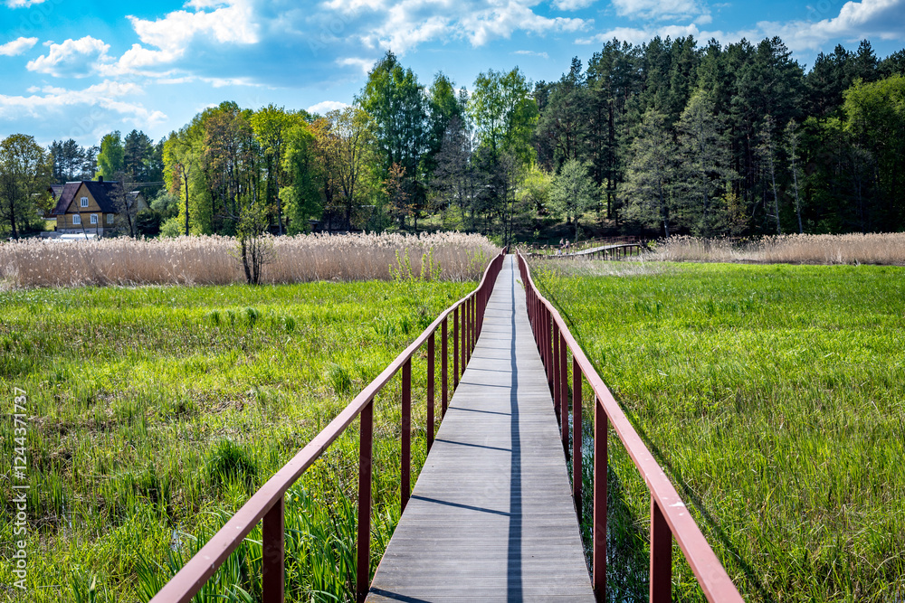 Hiking path in flooded meadows in the Zeimena valley, Svencioneliai, Lithuania Hiking path in flooded meadows in the Zeimena valley, Svencioneliai, Lithuania