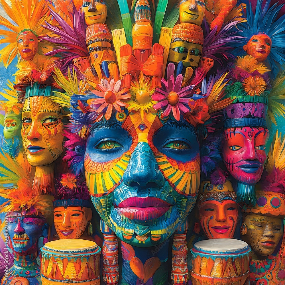 Obraz premium A kaleidoscope effect featuring repeating patterns of carnival masks, samba drums, and maracas in bright and festive colors