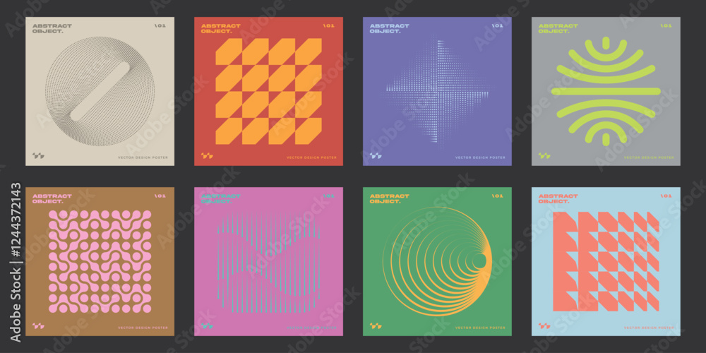 Collection of posters with abstract geometric patterns.