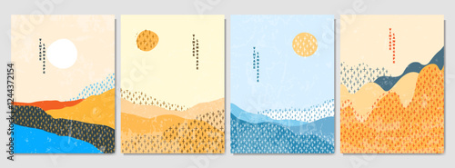 Vector illustration. Abstract vintage landscape set. Drawn hills, textured doodle memphis pattern. Design for poster, cover, flyer, layout, magazine. Mid century modern graphic. 70s retro funky style
