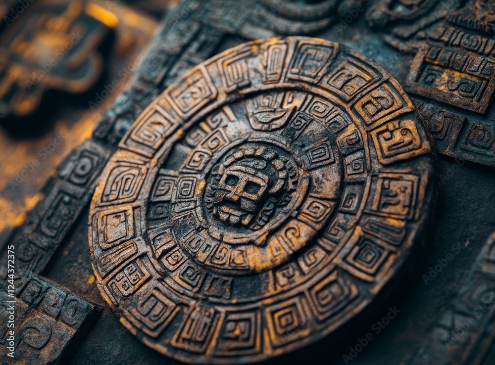 Obraz premium On 15_04_2023, at the National Anthropology Museum in Mexico City, Mexico, discover the Aztec Sun Stone, or Calendar Stone, which captures Aztec cosmological and religious symbols