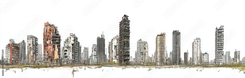 Fototapeta premium A cut-out PNG of a city's skyline in a post-apocalyptic state with ruined edifices