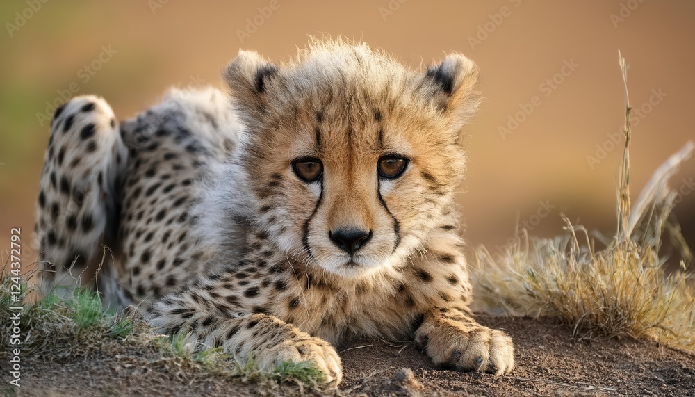 Vibrant African Cheetah Cub Playing in Grasslands Underneath the Warm African Sun at Vibrant African Cheetah Cub Playing in Grasslands Underneath the Warm African Sun at