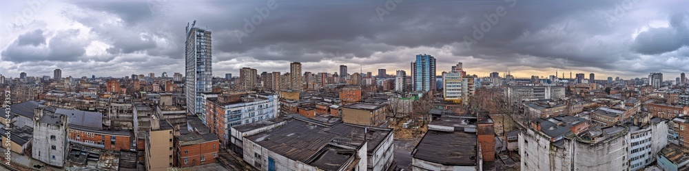 Fototapeta premium The remnants of a once-great sci-fi city glow beneath a brilliant sky, framing a dystopian scene
