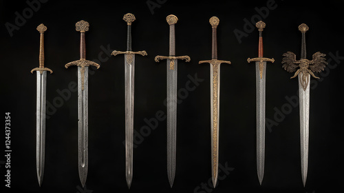 European knight medieval swords, heraldry. Vector weapon of medieval warriors set with straight sword, dagger, knife and broadsword, knightley arming weapon with double edged blades and ornate hilts photo