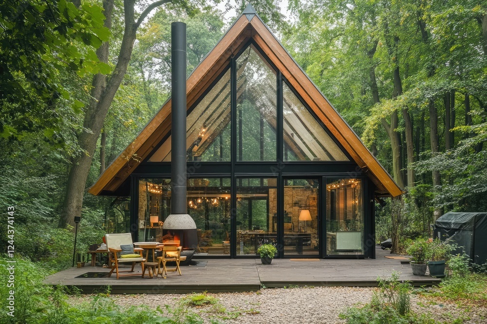Fototapeta premium Cozy wooden cabin in a dense forest setting