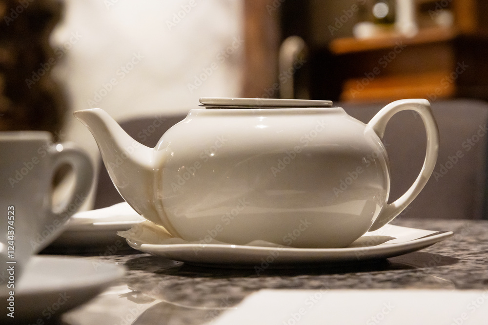 Elegant minimalist white porcelain teapot on a granite table in a cozy cafe. Classic ceramic teapot with a saucer in a softly lit cafe, perfect for relaxing tea break. Selective focus
