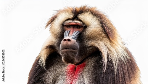 Vibrant Gelada Baboon Portrait Against a Transparent Backdrop, Showcasing the African Primates Distinctive Features and Expressive Eyes.