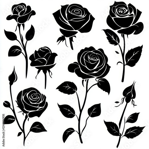 one colour Roses silhouettes white background