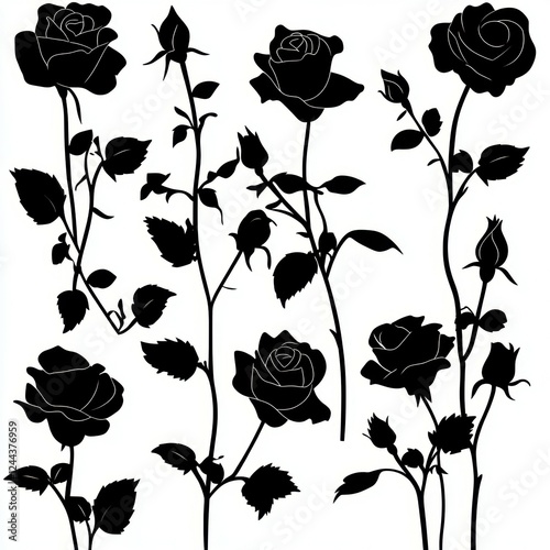 one colour Roses silhouettes white background