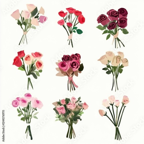 Several bouquets of roses in different colors and shapes, simple watercolor style