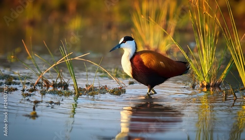 Vibrant African Jacana Actophilornis africanus Wading through Wetland Grasses in Zimanga Game Reserve, South Africa A Bold and Colorful Encounter with Natures Wonders photo