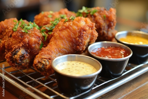 Crispy fried chicken drumsticks on a wire rack, with a side of dipping sauces in small bowls