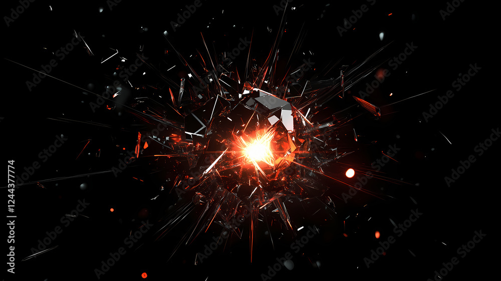 Fototapeta premium Exploding light bulb on dark background, burst, bright, shatter, explosion, energy, power, electricity, broken, shattered. Shattered & Fragmented Designs. Illustration