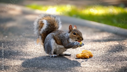Generated image Close view of grey squirrel in city park eating fast food leftovers on asphalt. 