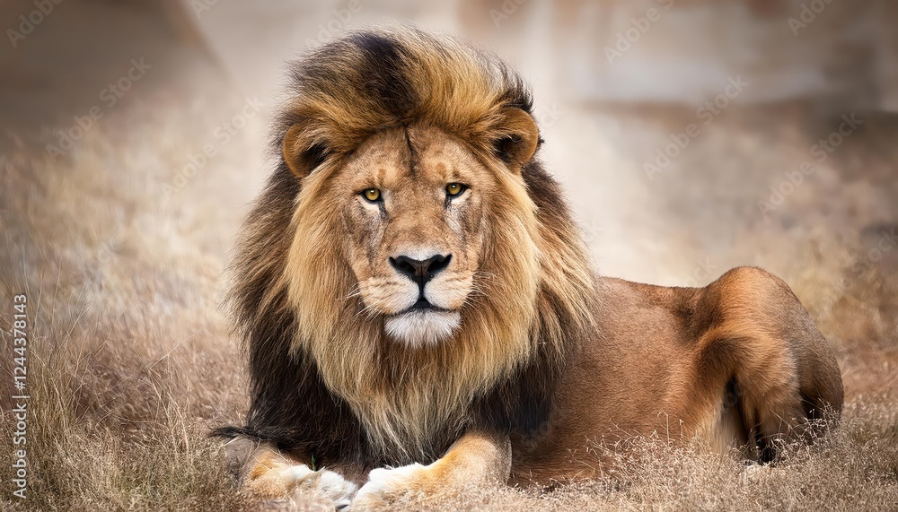 Magnificent African Lion Majestically Displaying His Prime Mane against the Savannah Backdrop, Capturing the Regal Beauty and Power of the King of the Jungle in its Full Glory. Magnificent African Lion Majestically Displaying His Prime Mane against the Savannah Backdrop, Capturing the Regal Beauty and Power of the King of the Jungle in its Full Glory.