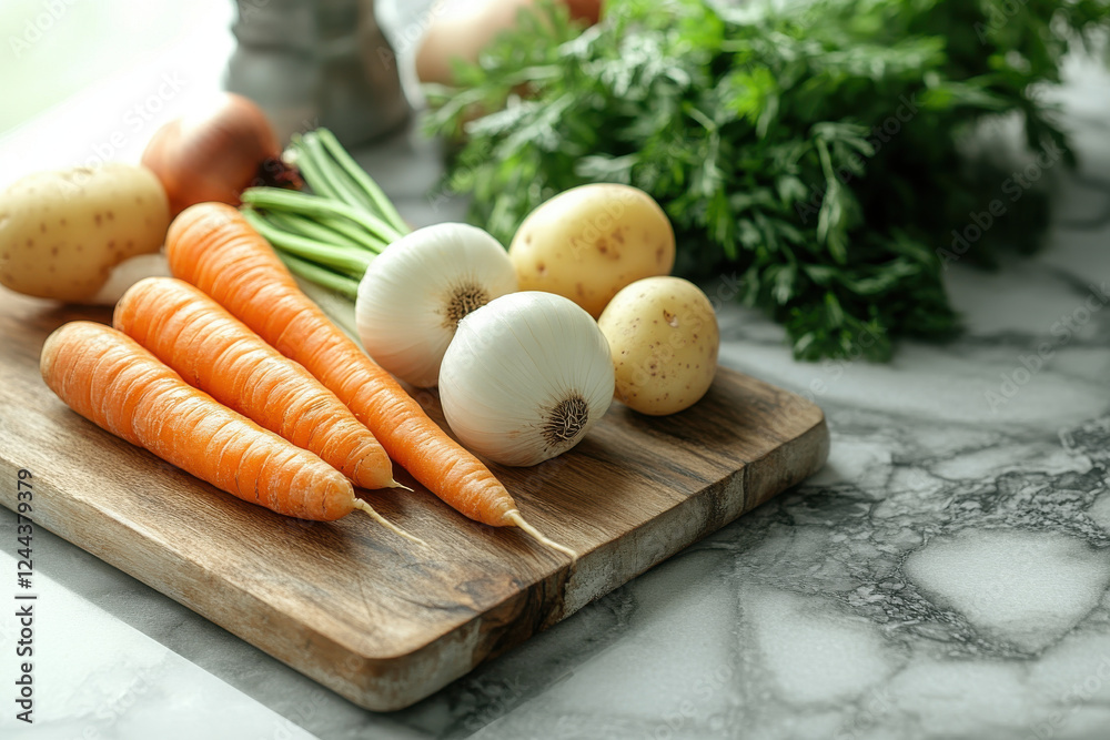 Organic carrots, white onions, and potatoes on a wooden cutting board in a bright kitchen with a marble countertop. Fresh parsley is in the background, adding a touch of greenery Organic carrots, white onions, and potatoes on a wooden cutting board in a bright kitchen with a marble countertop. Fresh parsley is in the background, adding a touch of greenery