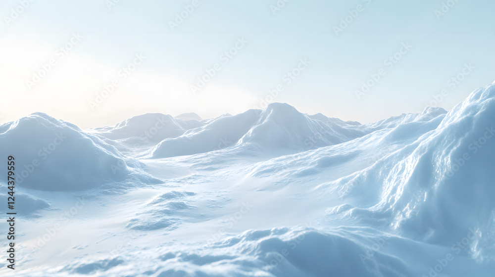 Obraz premium Vast icy landscape with towering peaks and a soft sky, conveying a frozen, tranquil environment.