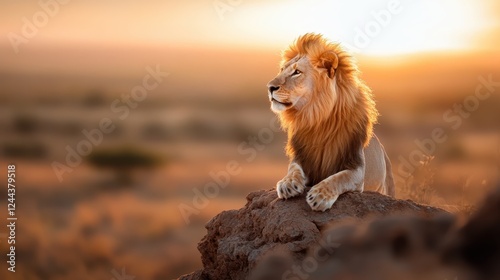 A lion rests gracefully on a large rock, bathed in warm dusk light, illustrating the beauty of nature and the serene spirit of wild animals. photo