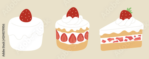 Set of strawberry cake in various styles. Concept of sponge cake, bakery, sweet tooth, cafe, strawberry shortcake, delicious dessert. Flat vector illustration