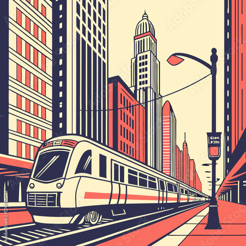 High-Speed Train Traveling Through City