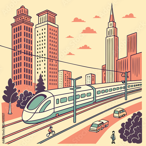 High-Speed Train Traveling Through City