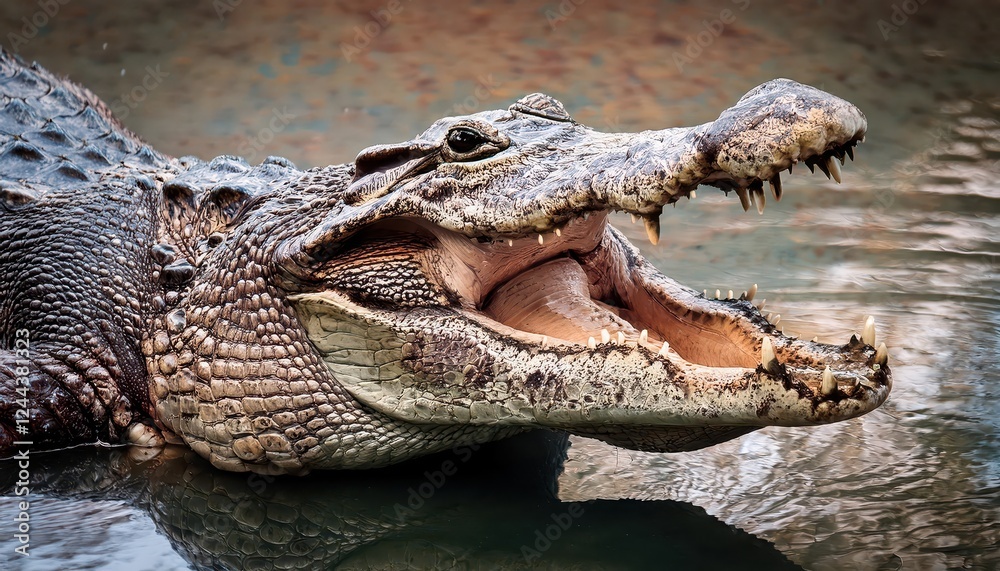 Obraz premium Intense Aggression Closeup of a Grungy Crocodile Revealing Menacing Teeth and Scale Patterns in a Dark, Mysterious Swamp at Dusk