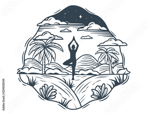 Monochrome vector illustration depicting a woman practicing a yoga pose in a tropical landscape at sunset, with palm trees, hills, and a starry night sky